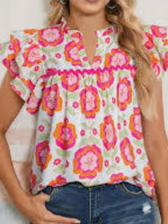 Clothes Tree Boutique Tops - Floral Ruffle Sleeve Women’s Top in Pink